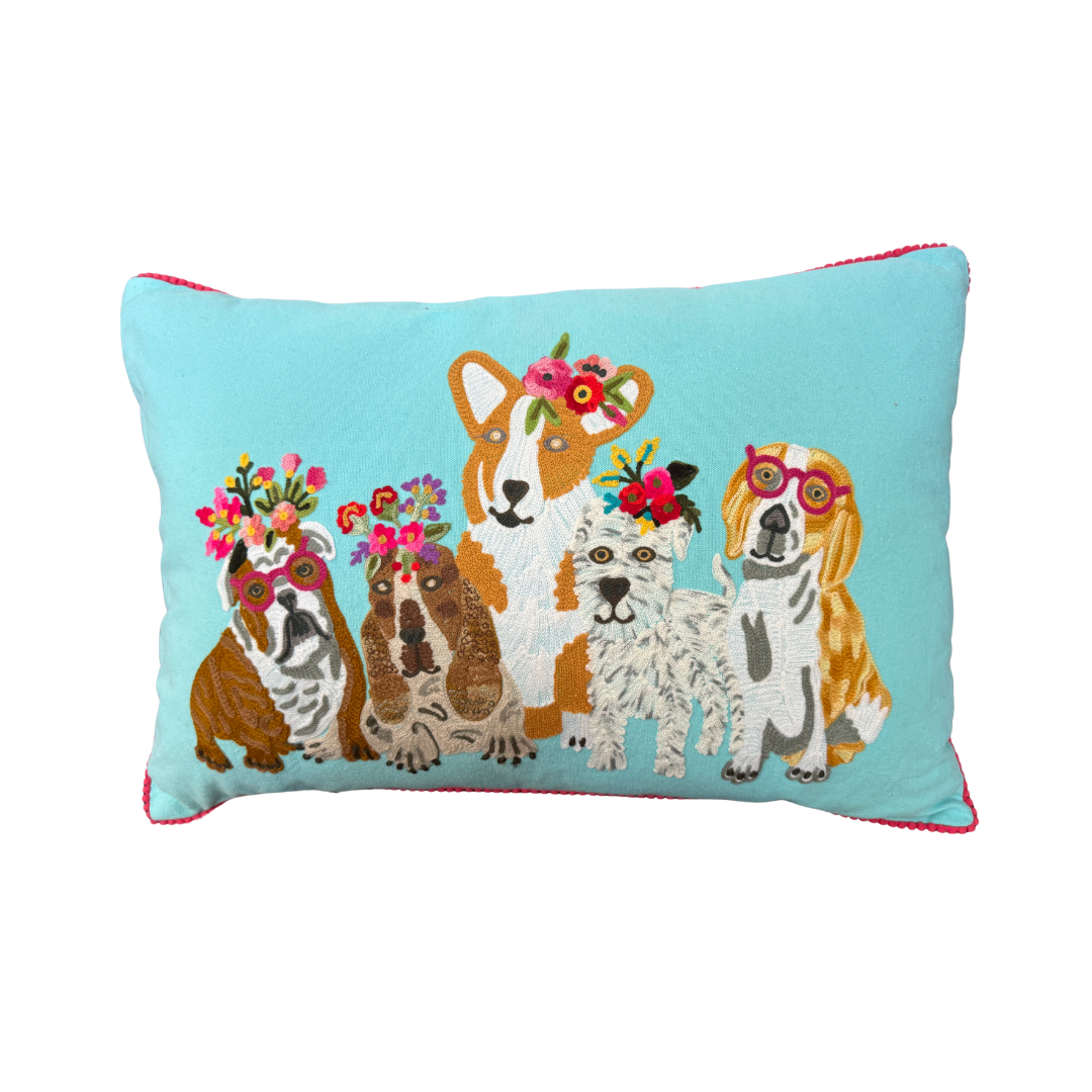 Floral Dog Hook Pillow | Dog Lover Wool Throw Pillow