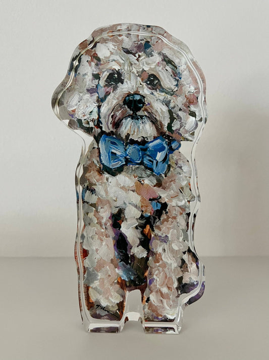 "Cavapoo Blonde With Blue Bow" acrylic shelfie